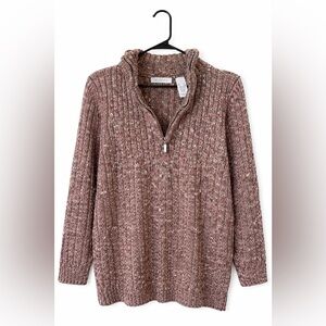Liz Claiborne XL Chunky Knit Quarter Zip Sweater Brown Flecked Cozy